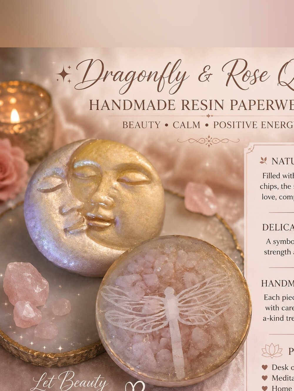 Handmade Resin Paperweight - Gold and Pink